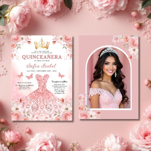 Invitation Quinceañera Photo Rose rose pâle Floral