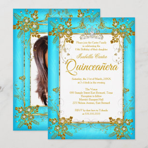 Invitation Quinceanera Photo Turquoise Blue Gold Diamond Tiar