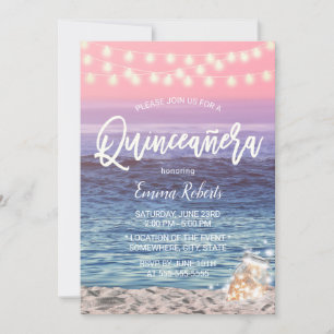 Invitation Quinceanera Pink Beach Mason Jar String Lumière