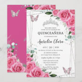 Invitation Quinceañera Pink Fuchsia Floral Papillons en argen (Devant / Derrière)