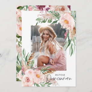 Invitation Quinceañera Pink girly floral photo anniversaire