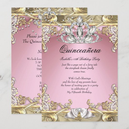 Invitation Quinceanera Pink Gold 15e fête d'anniversaire (Devant / Derrière)