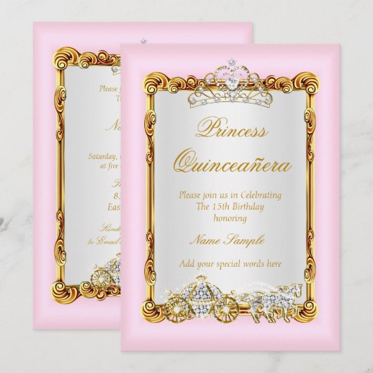 Invitation Quinceanera Pink Gold Horse Carriage Fairytale (Devant / Derrière)