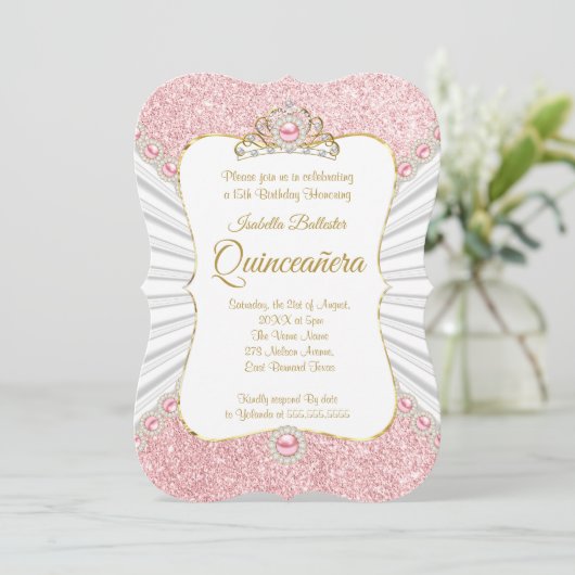 Invitation Quinceanera Pink Pearls Gold fête d'anniversaire (Debout devant)