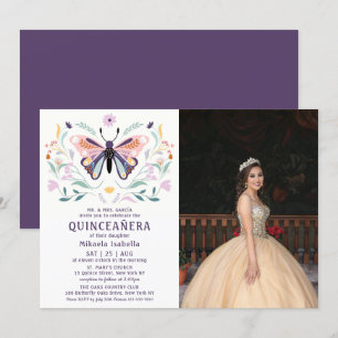Invitation Quinceañera Pink Purple Butple Photo Floral
