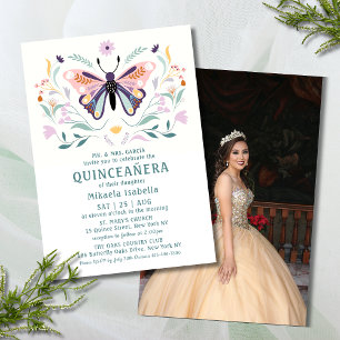 Invitation Quinceañera Pink Purple Butple Photo Floral