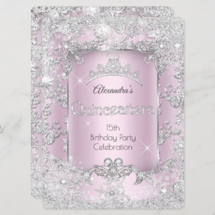 Invitation Quinceanera Pink Silver Tiara Winter Wonderland