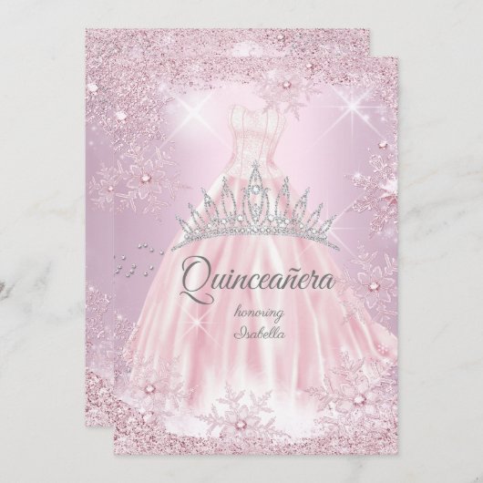 Invitation Quinceanera Pink Snowflake Hiver robe Tiara (Devant / Derrière)