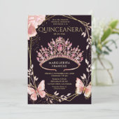 Invitation Quinceañera Pink Tiara Floral Papillon espagnol (Debout devant)
