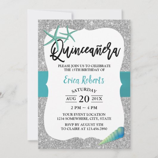 Invitation Quinceanera Plage Turquoise Starfish Moderne Argen (Devant)