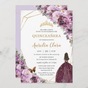 Invitation Quinceañera Plum Mauve Purple Floral Gold Princess