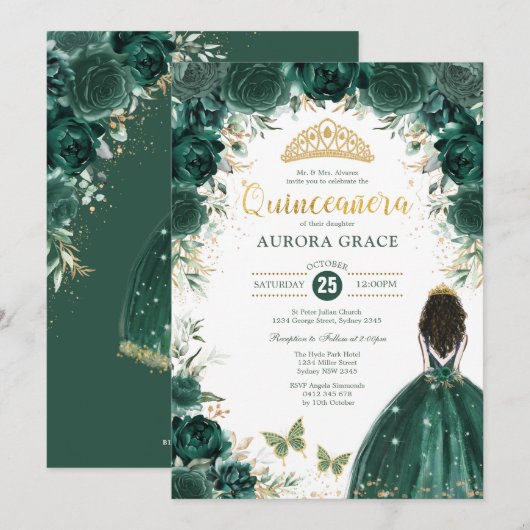 Invitation Quinceañera Princess Emerald Green Floral Annivers (Devant / Derrière)