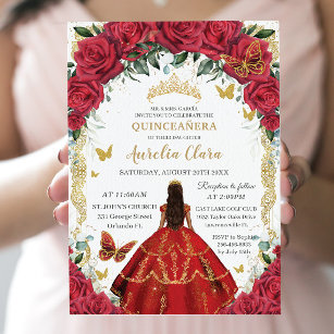 Invitation Quinceañera Princess Red Roses Floral Vintage Or