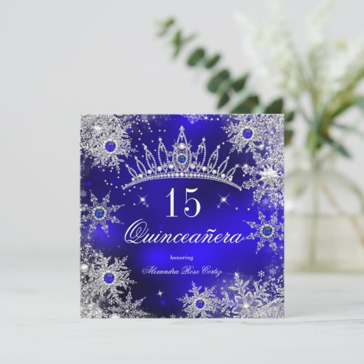 Invitation Quinceanera Princess Royal Blue Snowflake Tiara (Debout devant)