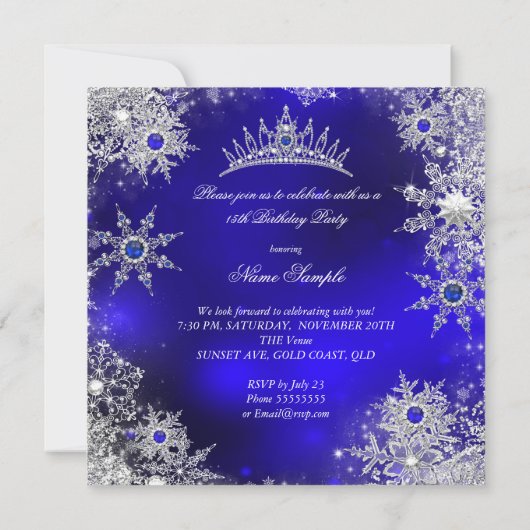 Invitation Quinceanera Princess Royal Blue Snowflake Tiara (Dos)