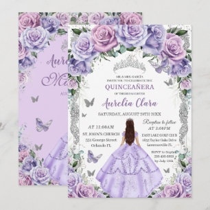 Invitation Quinceanera Princesse Argent Fleur de Lilas Violet