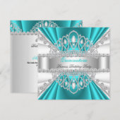 Invitation Quinceanera Princesse Bleu Turquoise Blanc Diamant (Devant / Derrière)