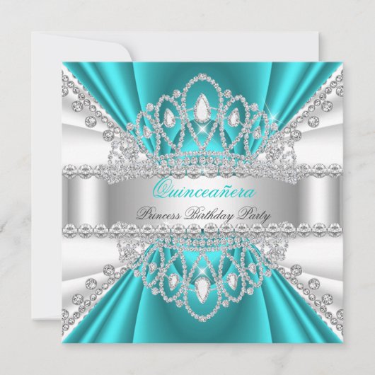 Invitation Quinceanera Princesse Bleu Turquoise Blanc Diamant (Devant)