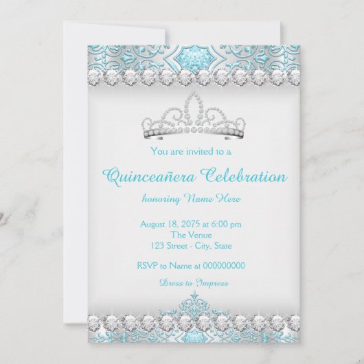 Invitation Quinceanera Princesse Bleu Turquoise et Diamant Ar (Devant)