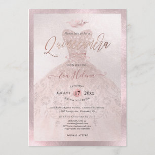 Invitation Quinceañera, Princesse Faux Rose Gold Tiara+Gown