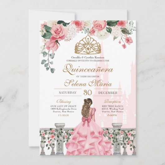 Invitation Quinceanera Princesse Fleur Rose & Or Conte de Fée (Devant)