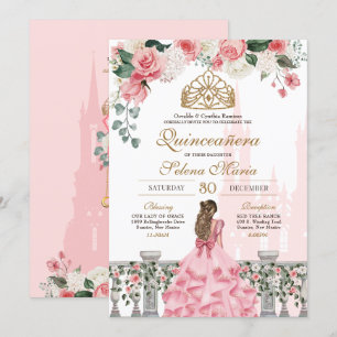 Invitation Quinceanera Princesse Fleur Rose & Or Conte de Fée