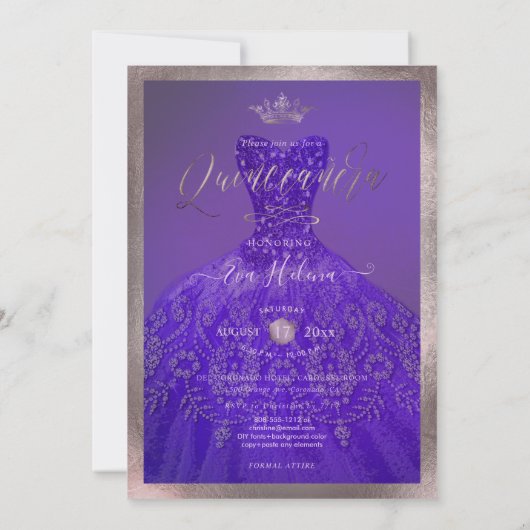 Invitation Quinceañera, Princesse Parties scintillant Violet  (Dos)