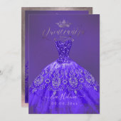 Invitation Quinceañera, Princesse Parties scintillant Violet  (Devant / Derrière)