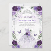 Invitation Quinceañera Princesse Robe violet argent fleuri (Devant)