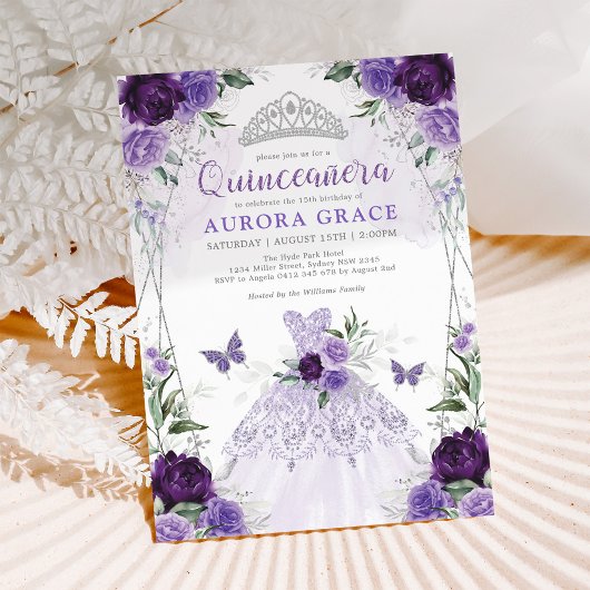 Invitation Quinceañera Princesse Robe violet argent fleuri