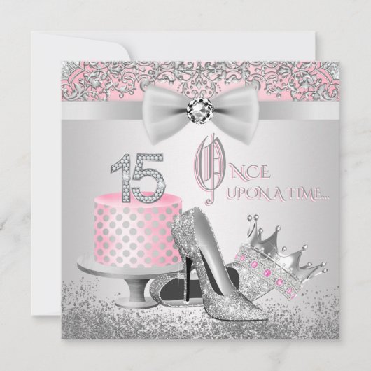 Invitation Quinceanera, princesse rose et argent (Devant)