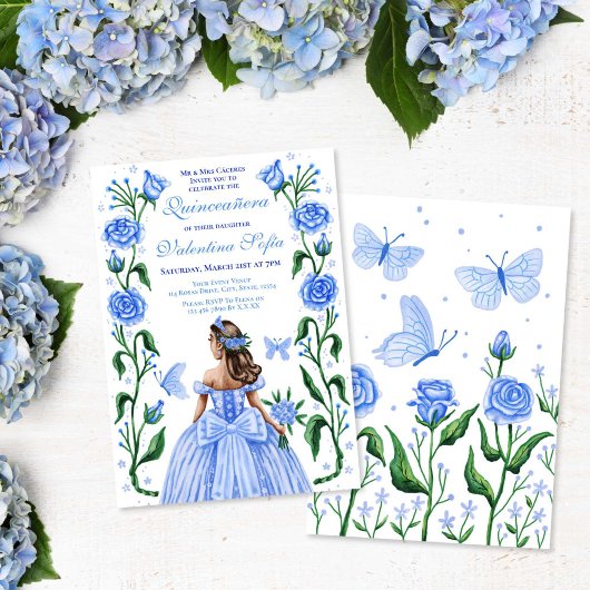 Invitation Quinceanera Princesse Rose papillon Bébé Bleu