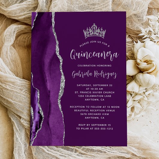 Invitation Quinceañera prune argentée agate violette