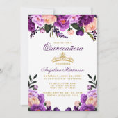 Invitation Quinceanera Purple Floral Couronne or (Devant)