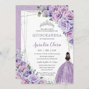 Invitation Quinceañera Purple Floral Princess Argent Annivers