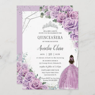 Invitation Quinceañera Purple Floral Princess Argent Annivers