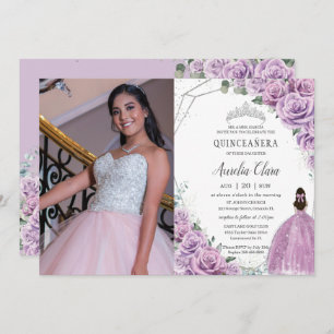 Invitation Quinceañera Purple Floral Princess Argent Annivers