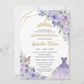 Invitation Quinceañera Purple Floral Princesse Gown Tiara Inv (Devant)