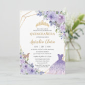 Invitation Quinceañera Purple Floral Princesse Gown Tiara Inv (Debout devant)