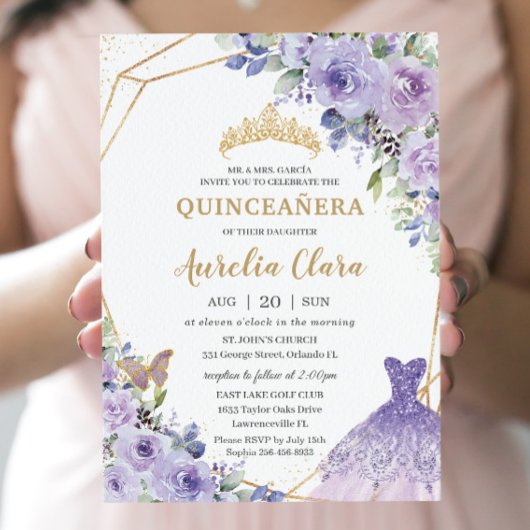 Invitation Quinceañera Purple Floral Princesse Gown Tiara Inv