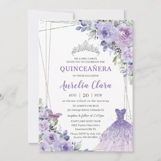 Invitation Quinceañera Purple Floral Robe Argent Tiara (Devant)