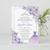 Invitation Quinceañera Purple Floral Robe Argent Tiara (Debout devant)