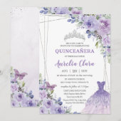 Invitation Quinceañera Purple Floral Robe Argent Tiara (Devant / Derrière)