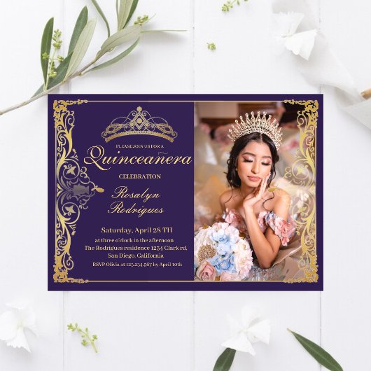 Invitation Quinceanera Purple Gold Quinceanera avec photo