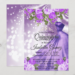 Invitation Quinceañera Purple Gown et Fleurs