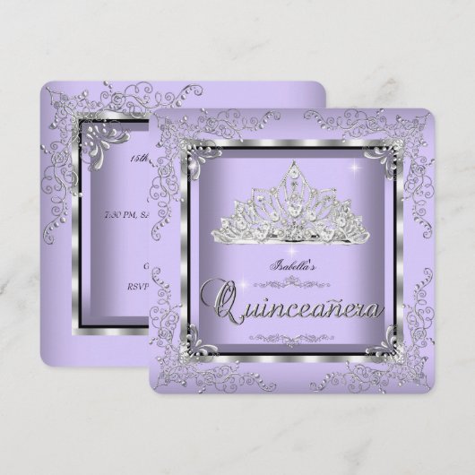 Invitation Quinceanera Purple Lavande Silver Diamond Tiara 3 (Devant / Derrière)
