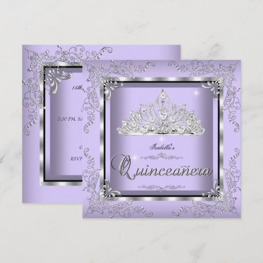 Invitation Quinceanera Purple Lavande Silver Diamond Tiara 3 (Devant / Derrière)
