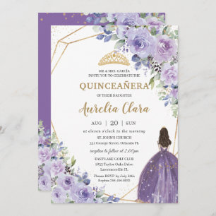 Invitation Quinceañera Purple Lavender Floral Gold Princess