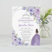 Invitation Quinceañera Purple Lavender Floral Silver Princess (Debout devant)