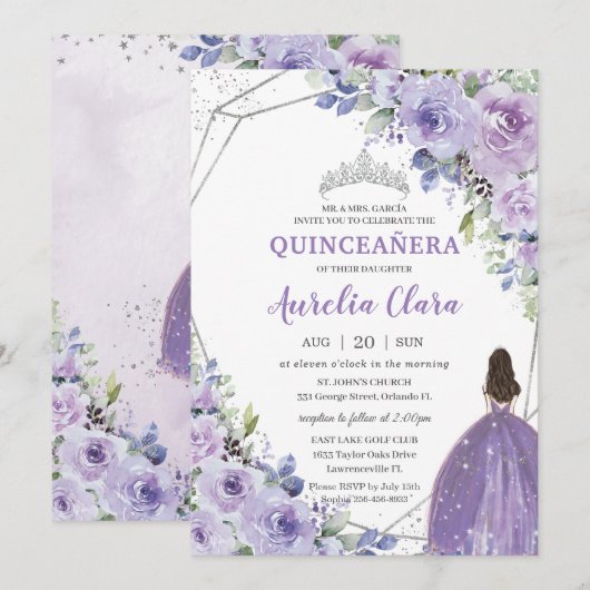 Invitation Quinceañera Purple Lavender Floral Silver Princess (Devant / Derrière)
